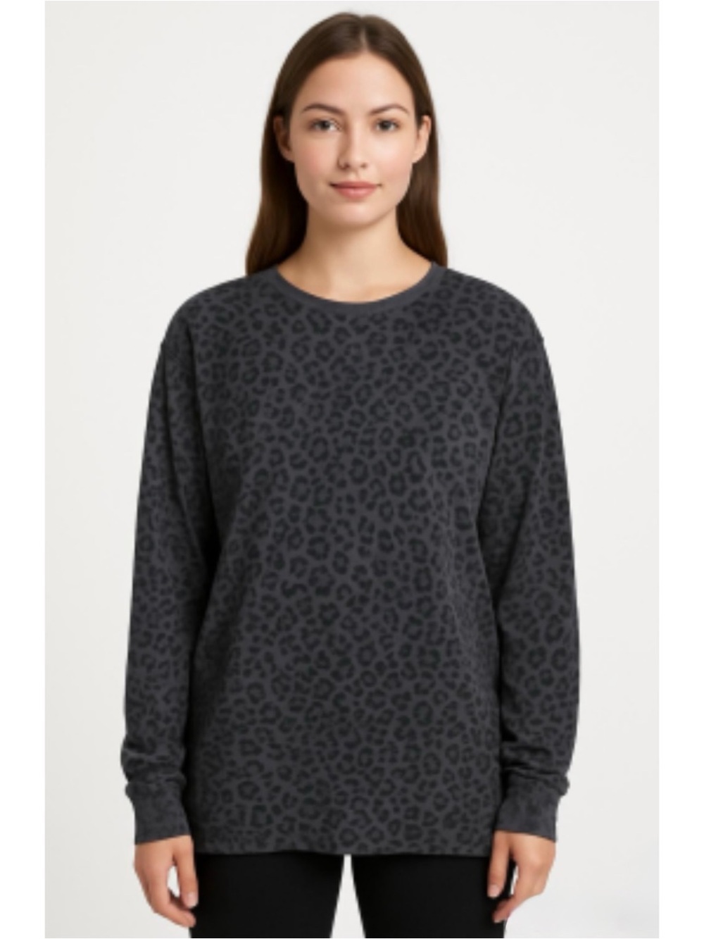 ATHLETA | Gray Leopard Print Luxe Nirvana Fabric Pullover Sweatshirt Medium